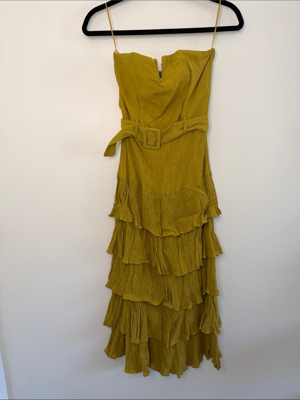 d.ark Women’s Mustard Yellow Belted Tiered Ruffle Strapless Midi Dress Small